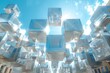 A mesmerizing scene of transparent glass cubes floating effortlessly in a clear blue sky, reflecting sunlight