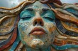 Close up of a colorful mosaic mural depicting an abstract woman's face, conveying an artistic vibe