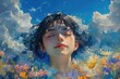 A vibrant artwork featuring a peaceful female face amidst a sea of summer flowers under a blue sky