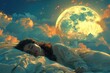 An evocative nightscape depicting a person asleep under an immense moon amidst clouds, evoking wonder and deep emotions