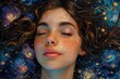 A dreamy portrait of a woman with a cosmos-themed backdrop, evoking wonder and the universe
