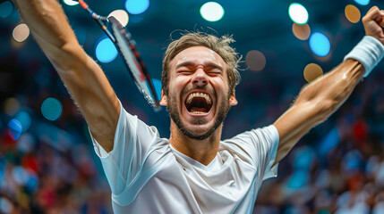 Triumphant tennis player celebrating victory