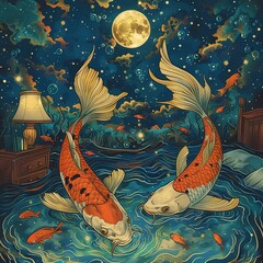 a drawing of two carp fish swimming together forming the pisces horoscope symbol in a bedroom at night, psychedelic style, Generate AI