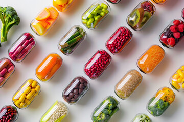 A vibrant image showcasing a variety of colorful fruit and vegetable power supplement capsules, filled with essential multivitamins for health and wellness 