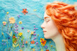 Woman's profile and flowers in the felt style on a felt blue backdrop. Woman's day background