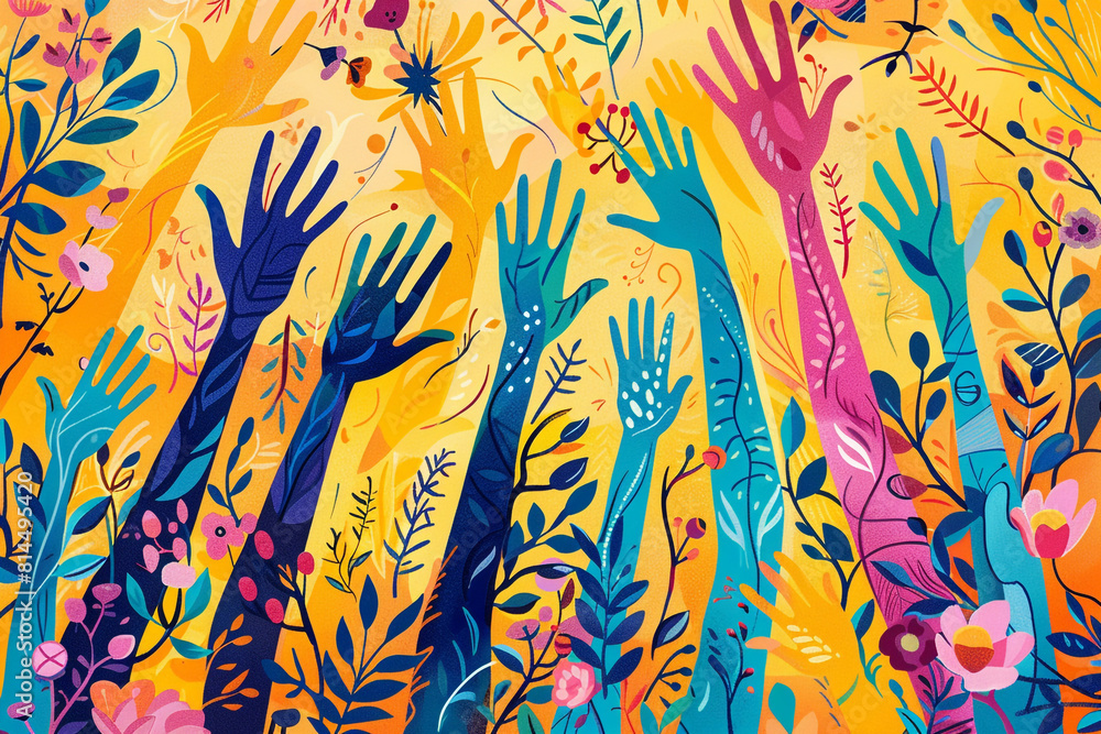 A vibrant, abstract illustration featuring a variety of diverse hands ...