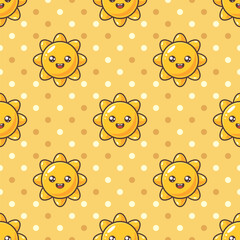 Wall Mural - Orange and yellow kawaii little sun with smiling face on polka dot background. Vector seamless pattern.