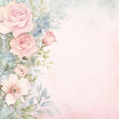 Canvas Print - Pink roses and leaves watercolor background