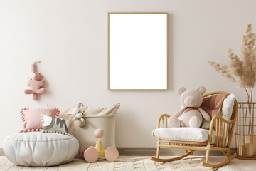 Mock-up frame in children's room with Farmhouse style wooden furniture