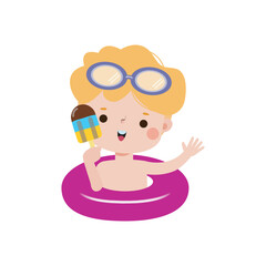 Wall Mural - Cute kid wearing float ring and eating ice cream in Pool party, cartoon character flat style vector illustration on white background