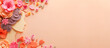 Felt woman's profile and flowers on a coral felt backdrop. Woman's day background