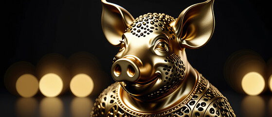 3D print design for interior, wall, wallpaper, canvas. 3d gold pig man on black beautiful texture background. Beautiful 3D print design for interior, wall, wallpaper, canvas. 3d gold leopard on black