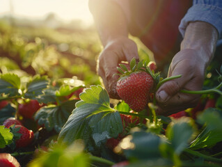 Wall Mural - close up shot of A worker picking a fresh strawberry at farm, morning light -ai