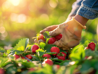 Wall Mural - close up shot of A worker picking a fresh strawberry at farm, morning light -ai