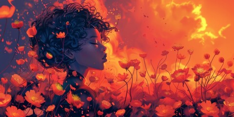 Wall Mural - fire in the forest with flowers and a woman lady artwork