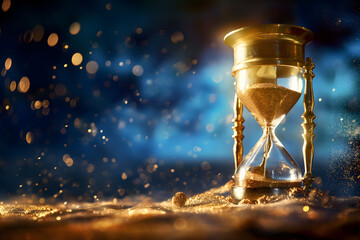 A magical photo of a golden hourglass with sparkling sand, set against a twinkling blue and gold bokeh background, highlighting the transient nature of time