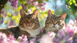 Two lovely cats enjoying the sunny day in the garden with blossoming  flowers.