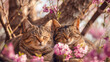 Two lovely cats enjoying the sunny day, sleeping in the garden with blossoming  flowers.