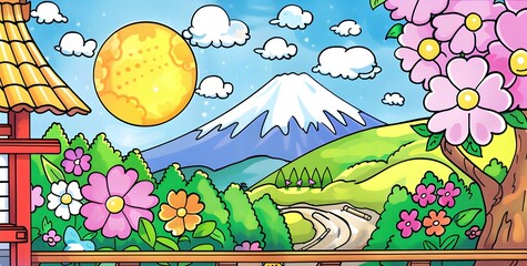 Japanese mountain landscape in cartoon style for kids.