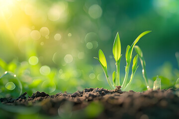 a young plant can be seen growing in a field with water drops for plant frashness, exemplifying their dicotyledonous traits
