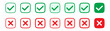 Right or wrong icons. Green tick and red cross checkmarks. Yes or no symbol, approved or rejected icon for user interface.