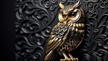 Sticker - 3D print design for interior, wall, wallpaper, canvas. 3d gold Owl on black beautiful texture background. Beautiful 3D print design for interior, wall, wallpaper, canvas. 3d gold leopard on black