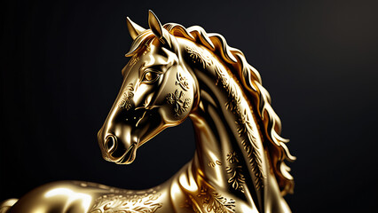 Sticker - 3D print design for interior, wall, wallpaper, canvas. 3d gold Horse on black beautiful texture background. Beautiful 3D print design for interior, wall, wallpaper, canvas. 3d gold leopard on black