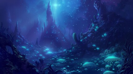 Wall Mural - Surreal underwater scene bioluminescent creatures drift abyssal ocean wallpaper