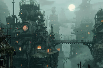 Wall Mural - abandoned town with steampunk factory background , illustator Render 