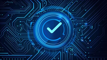 Abstract technological background with glowing check mark. Digital verification concept. Blue cyber circuit board design. Perfect for tech themes. AI