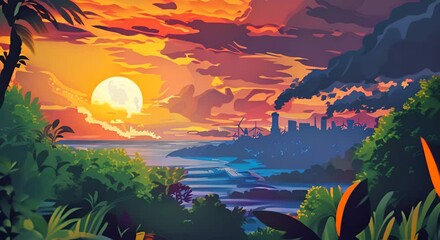 Wall Mural - Illustration of Earth's natural beauty overshadowed by the dark, looming threat of climate change,