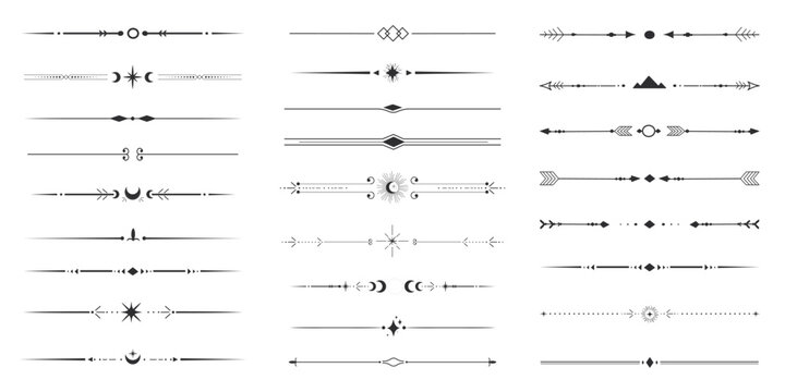 Set tribal ethnic arrow dividers, native indian bow boho in doodle style isolated on white background. Collection borders, decoration elements