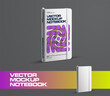 Vector notebook mockup with elastic band, bookmark, notepad stands on background, geometric illustration on hardcover.