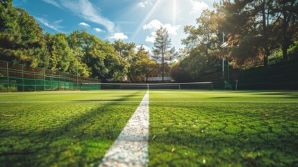 A tennis court with a white line down the middle