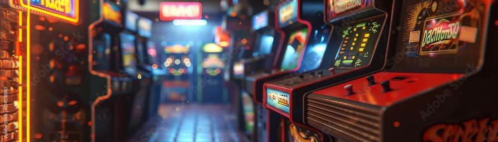 Arcade interior with retro video games. Classic 80s arcade games in a ...