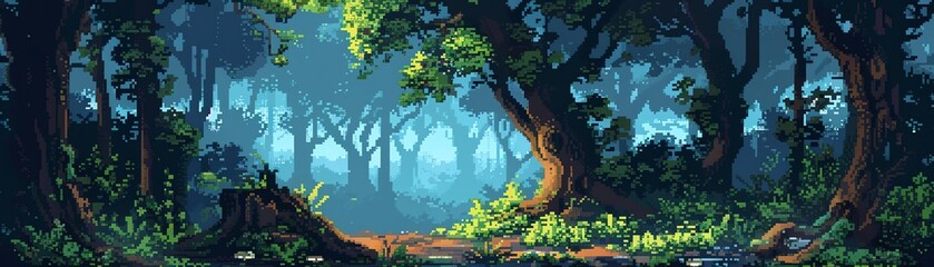 Generate pixel art of a dense forest with a path leading into the distance