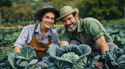 Wall Mural - An inspiring scene of successful female and male horticulturists posing with their bounty of savoy cabbage in a picturesque farm field, embodying the values of teamwork, perseverance.