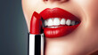 Closeup of red lipstick with woman's lips for beauty and cosmetics concept. ai generative