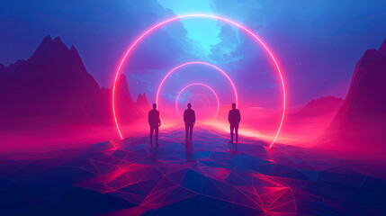 Wall Mural - 3d illustration of a man looking at a futuristic landscape with red neon lights.