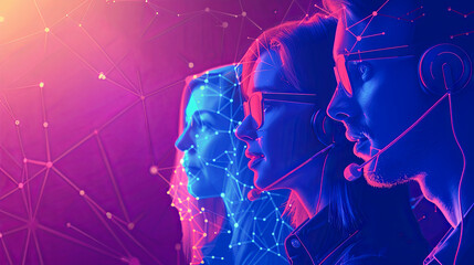 Wall Mural - Double exposure of female and male faces and connection lines. Technology concept