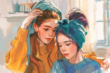 Wall Mural - A painting of two women wearing hats. Suitable for fashion or lifestyle concepts