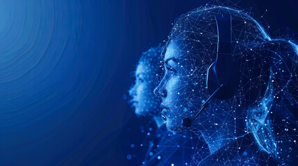 3D rendering of a female cyborg with headset on a blue background