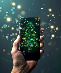 Wall Mural - hand holding smartphone with glowing christmas tree on screen. festive digital greeting. modern holi