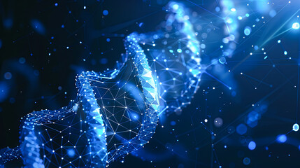 Abstract polygonal DNA molecules on dark blue background. 3D Rendering