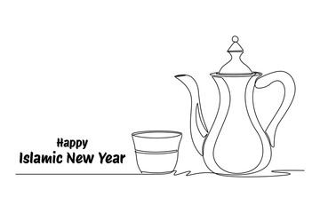 Wall Mural - One continuous line drawing of Happy Islamic new Year concept. Doodle vector illustration in simple linear style.