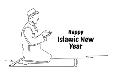 Wall Mural - One continuous line drawing of Happy Islamic new Year concept. Doodle vector illustration in simple linear style.