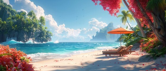 Wall Mural - Beach Painting With Red Umbrella