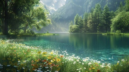 Poster - A tranquil summer morning scene with sunlight reflecting on a still forest lake surrounded by lush green trees