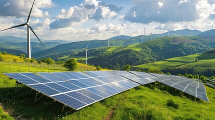 a captivating stock photo featuring solar panels and wind turbines set against a backdrop of rolling