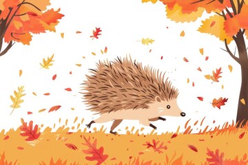 Wall Mural - Hedgehog walking through colorful autumn leaves, suitable for nature and animal themes